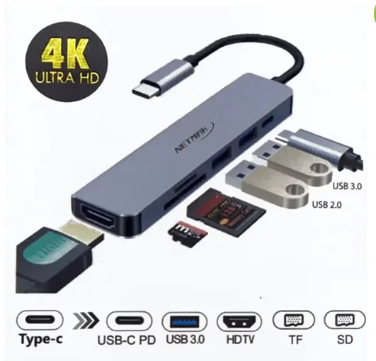 HUB NETMAK NM-6EN1 ADAPTADOR USB-C HDMI LECTOR MICRO SD - Imagen 3
