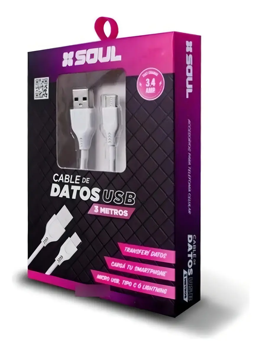 Cable Micro Usb Soul Datos & Carga Rapida | Largo 3 Metros Color Blanco