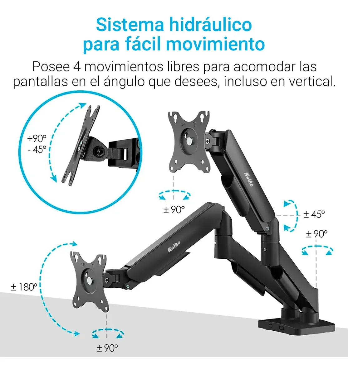 Soporte Articulado Kolke Para 2 Monitores Sistema Hidráulico Negro - Imagen 6